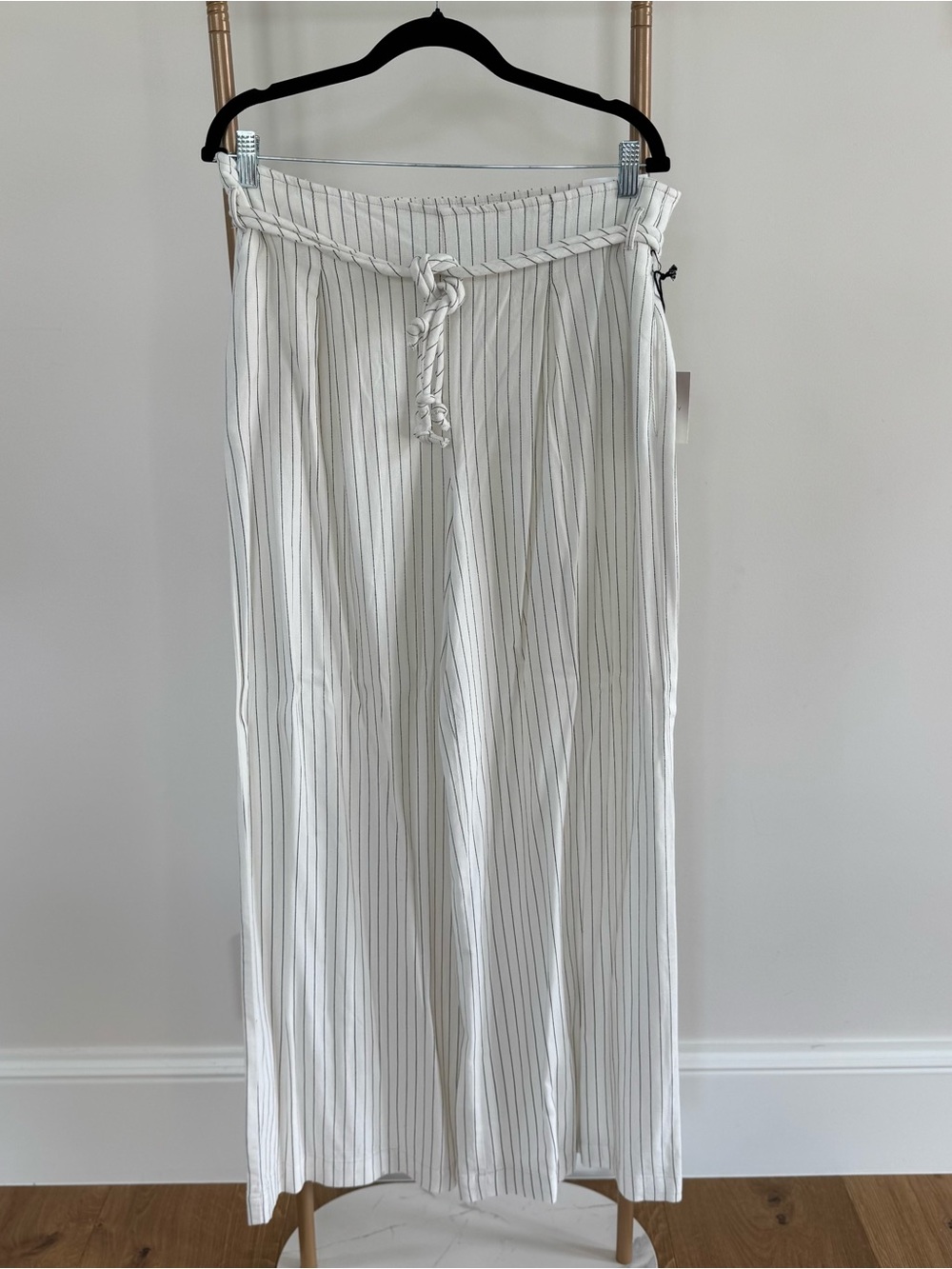 Wide Leg Striped Tie-Waist Pants - White with Thin Black Stripe